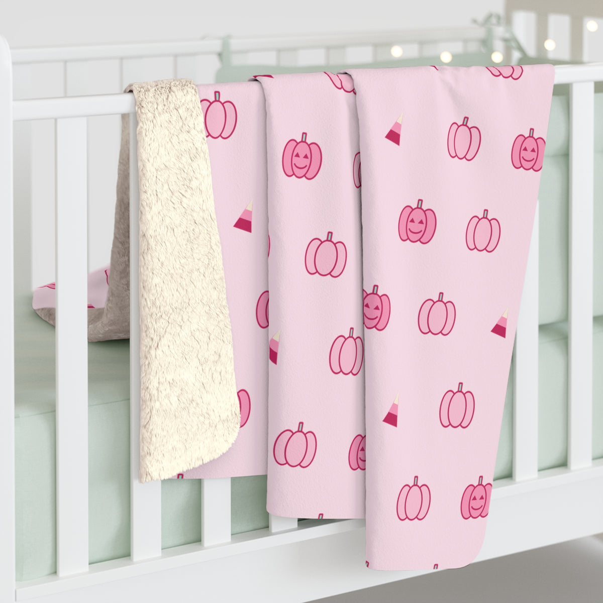 Pink pumpkin sherpa blanket detail