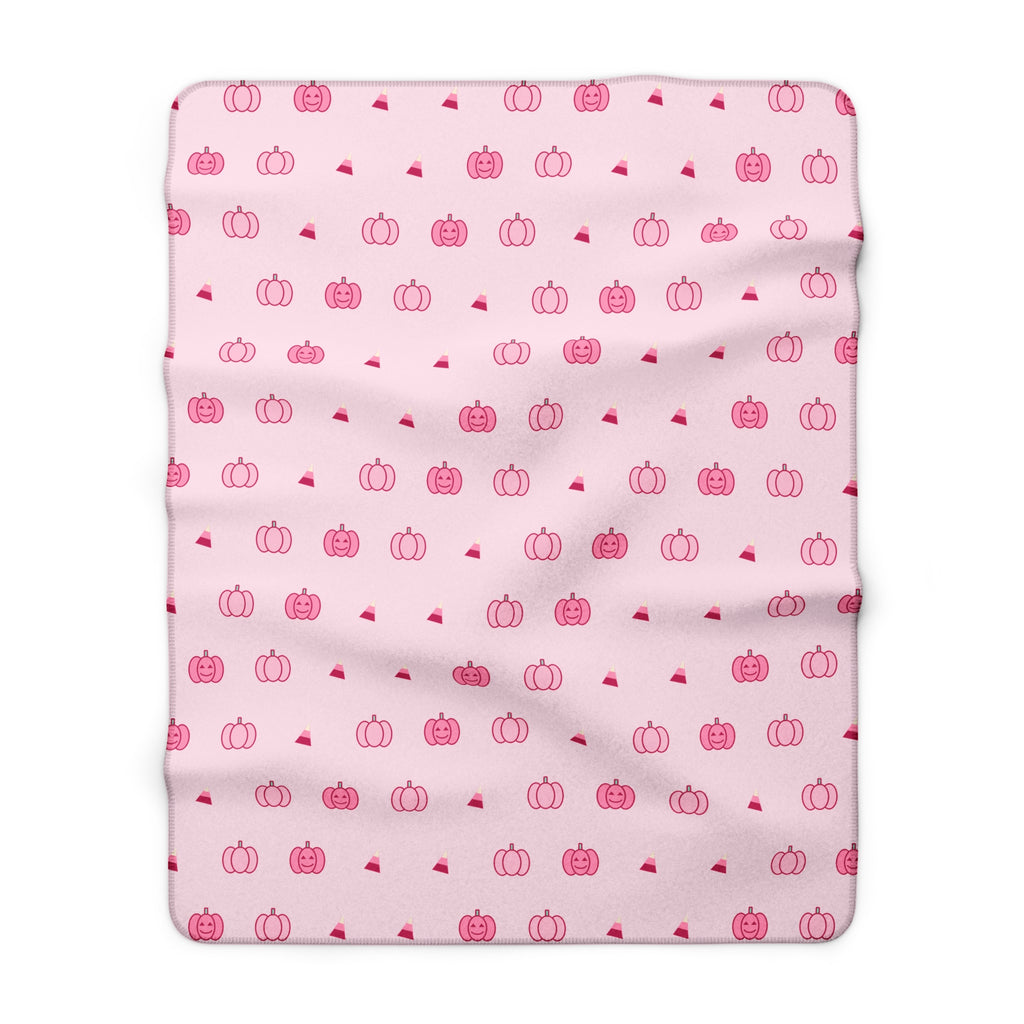Pink pumpkin sherpa blanket folded, fluffy sherpa back