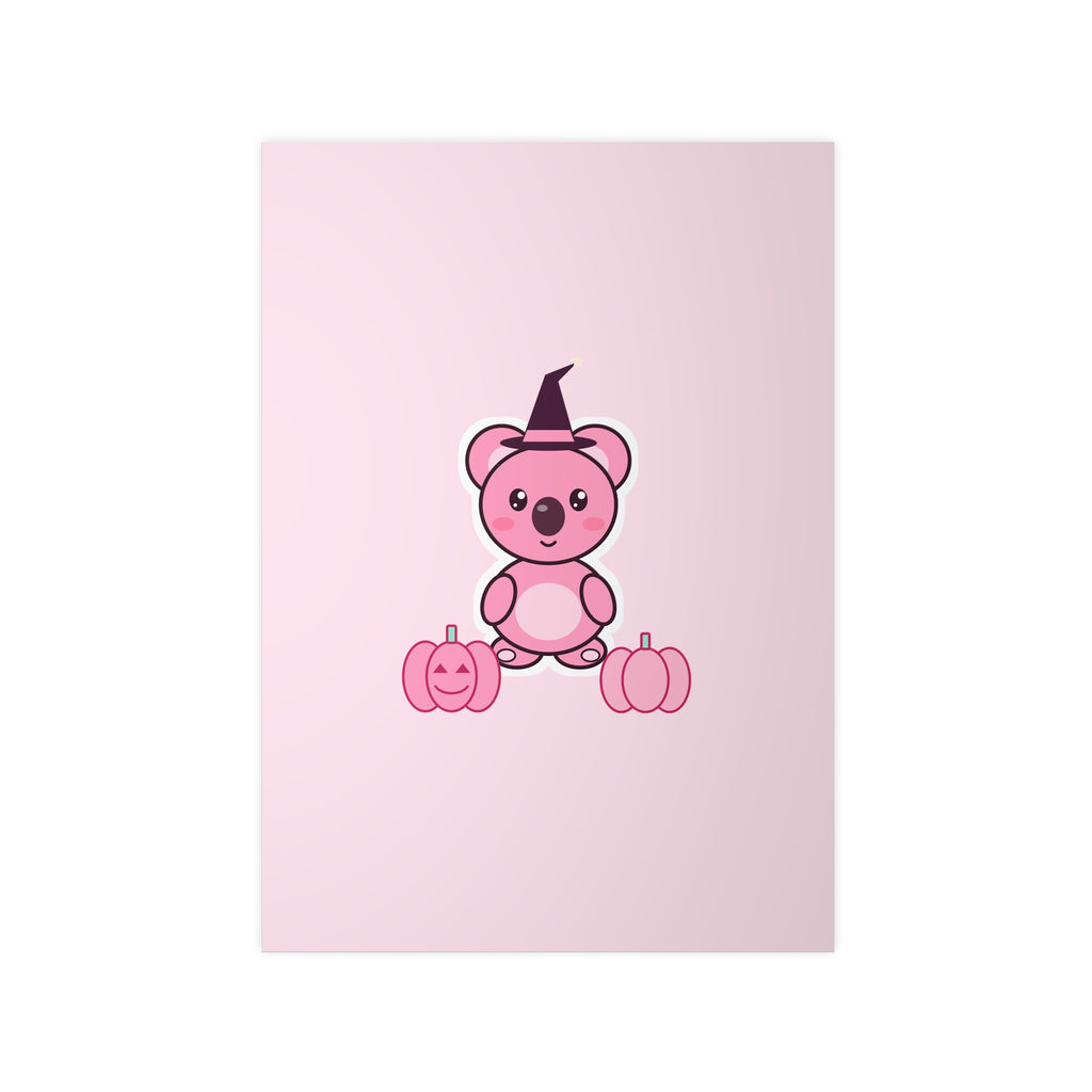 Witch Hat Koa Halloween poster, pink koala with pink pumpkins, front view