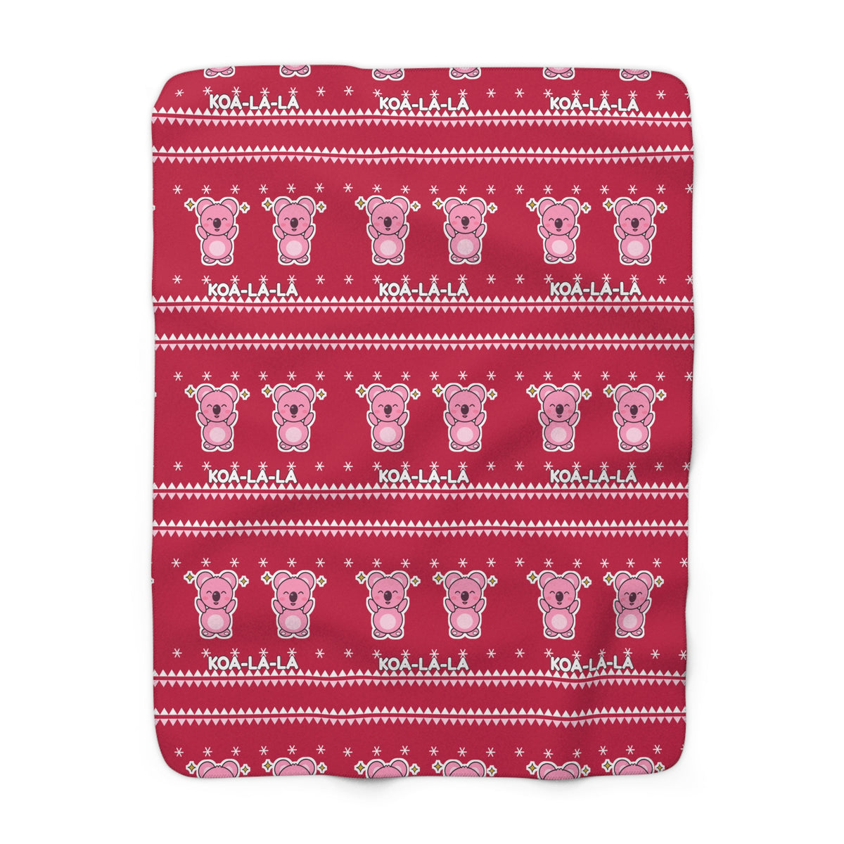 Koa-la-la Christmas sherpa blanket 50x60: red ugly-sweater pattern with rows of pink koalas