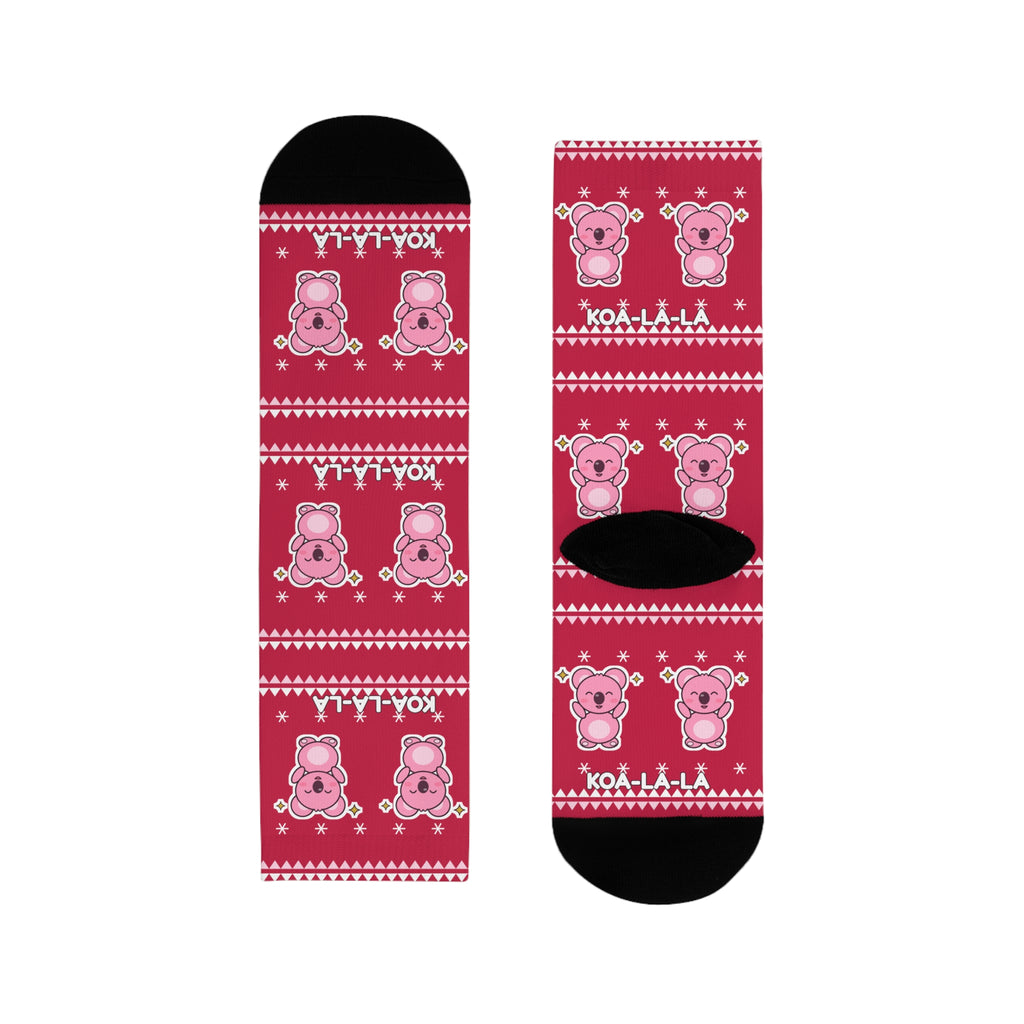 Koa-la-la Christmas socks: red ugly-sweater print with pink koalas and snowflakes, view 1