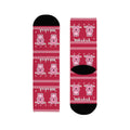 Koa-la-la Christmas socks: red ugly-sweater print with pink koalas and snowflakes, view 1