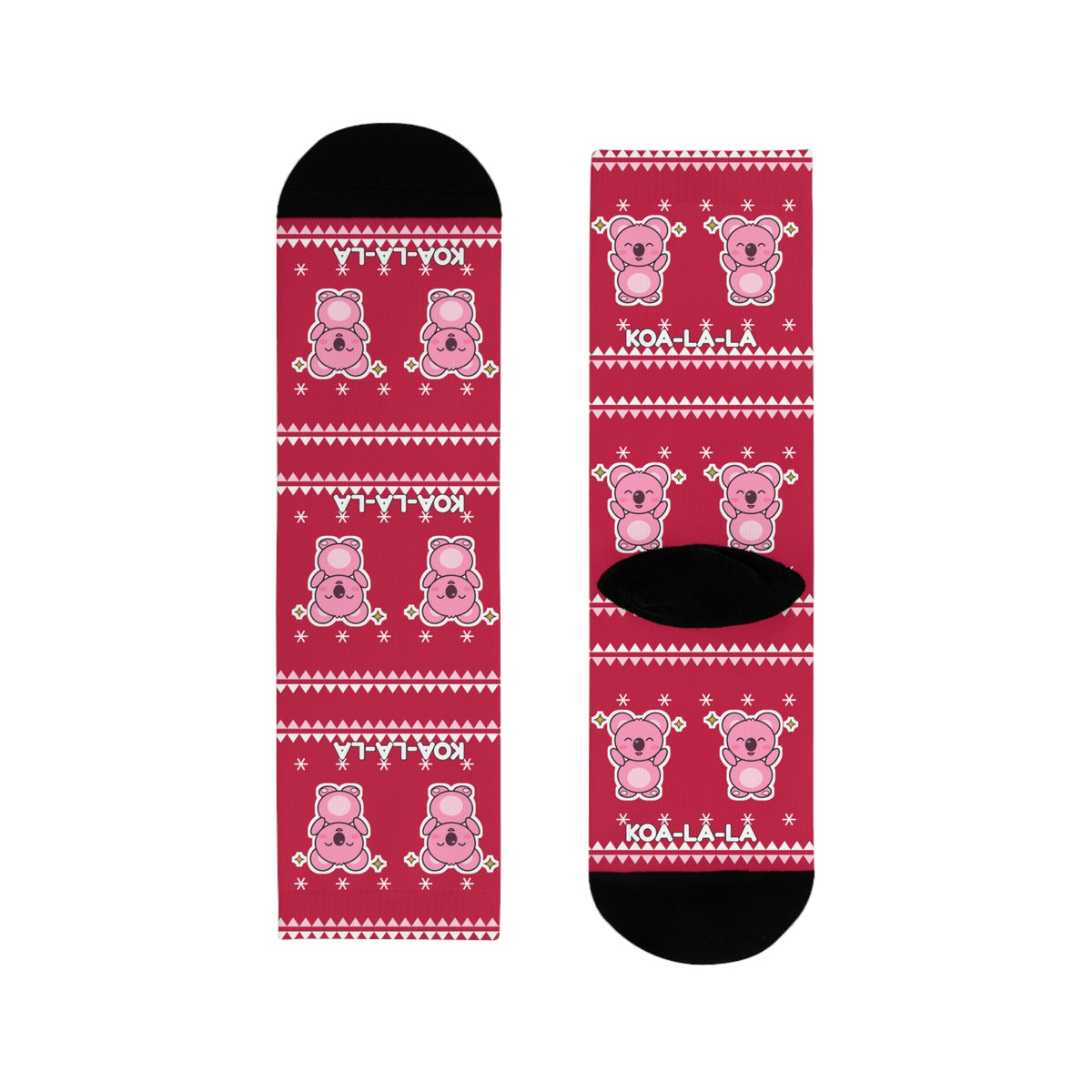 Koa-la-la Christmas socks: red ugly-sweater print with pink koalas and snowflakes, view 1