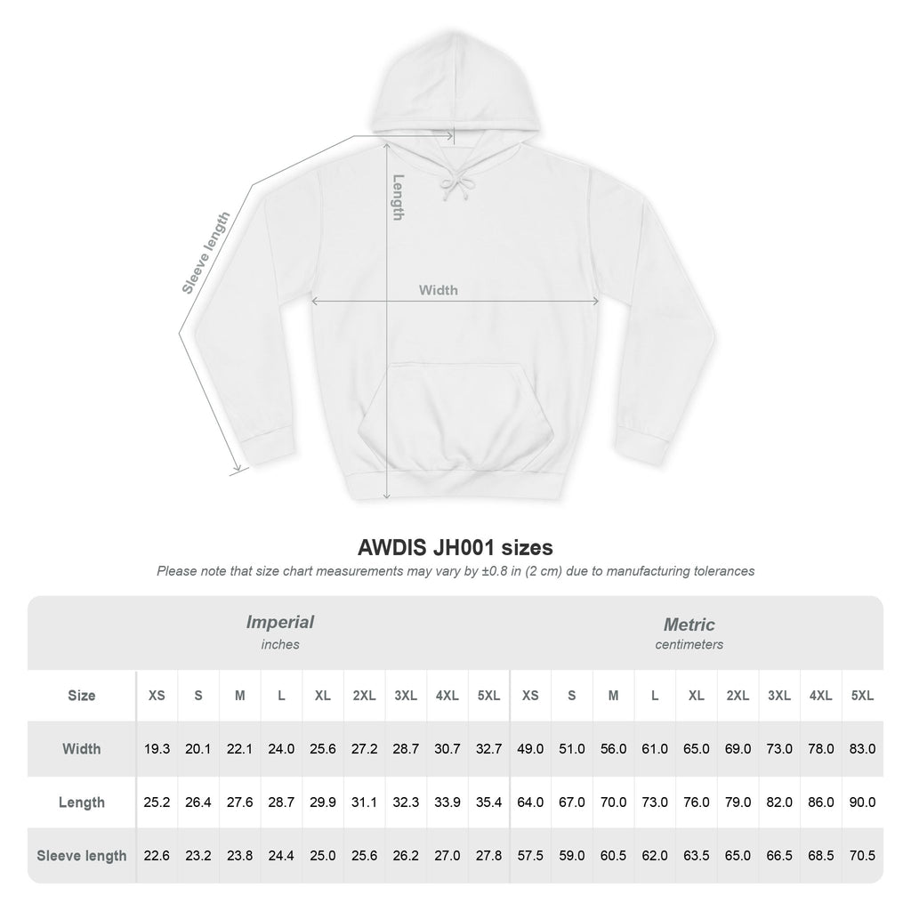 Koa-la-la Christmas Hoodie size chart (AWDis JH001)