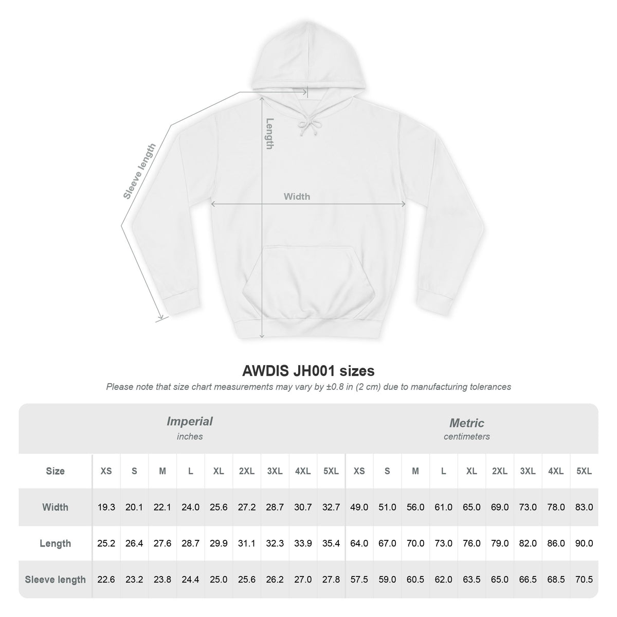 Koa-la-la Christmas Hoodie size chart (AWDis JH001)