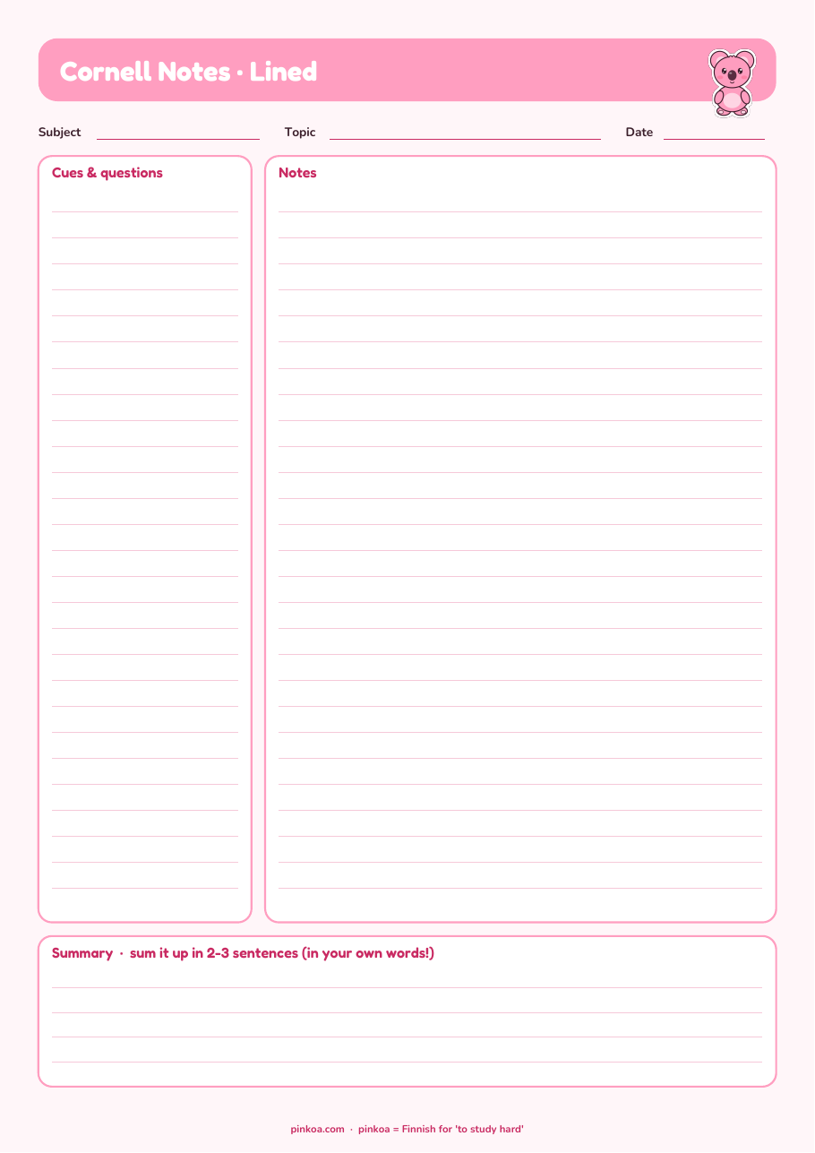 Koa Cornell Notes Templates – 5 Pink Styles (Printable PDF)
