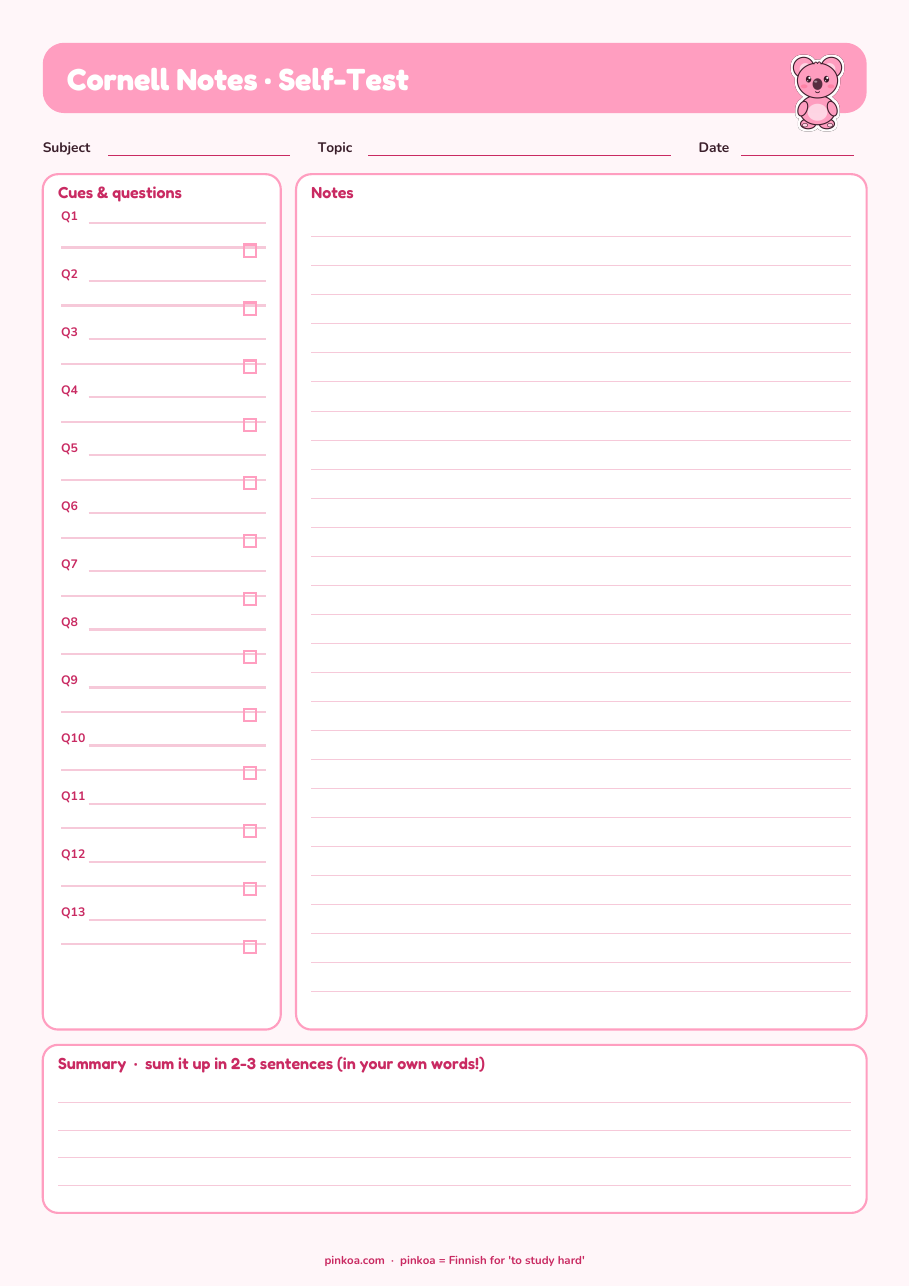 Koa Cornell Notes Templates – 5 Pink Styles (Printable PDF)