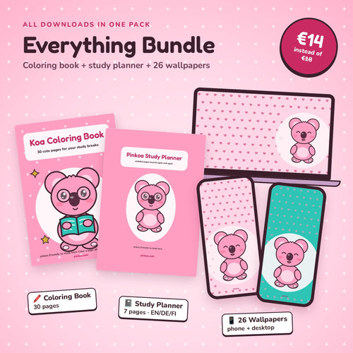 Everything Bundle: coloring book, study planner and 26 pink wallpapers
