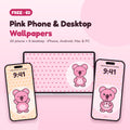 Free pink phone and desktop wallpapers with Koa the pink koala on two phones and a laptop