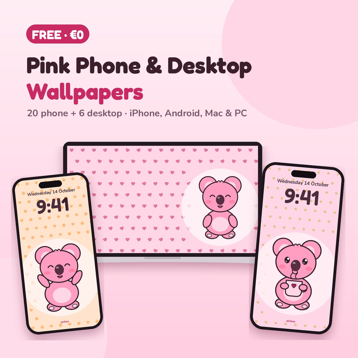 Free pink phone and desktop wallpapers with Koa the pink koala on two phones and a laptop