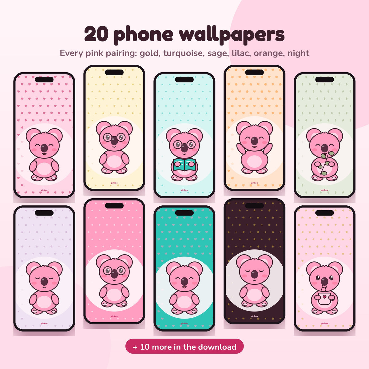Grid of pink phone wallpapers in gold, turquoise, sage, lilac, orange and night colours