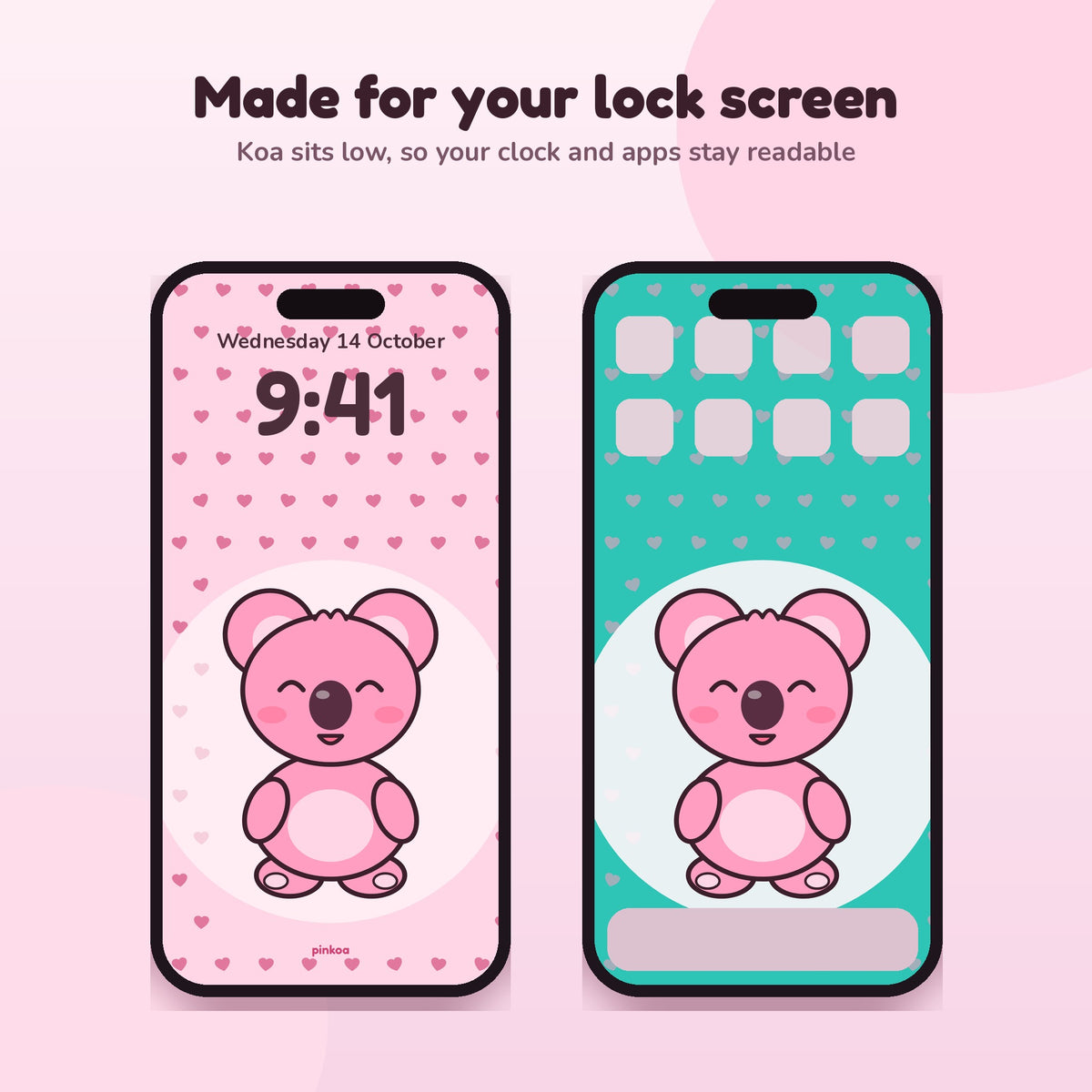 Pink koala wallpaper on an iPhone lock screen and home screen