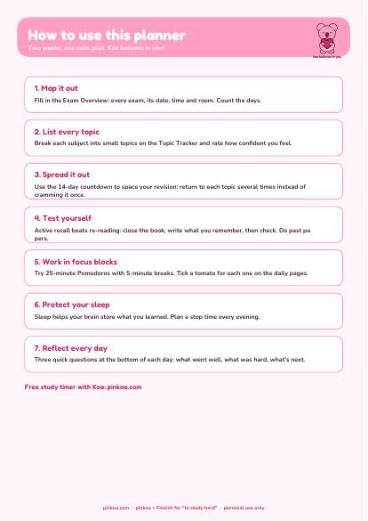 Koa exam countdown planner page