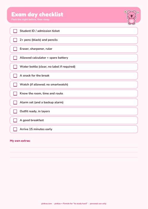 Koa exam countdown planner page