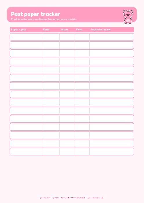 Koa exam countdown planner page