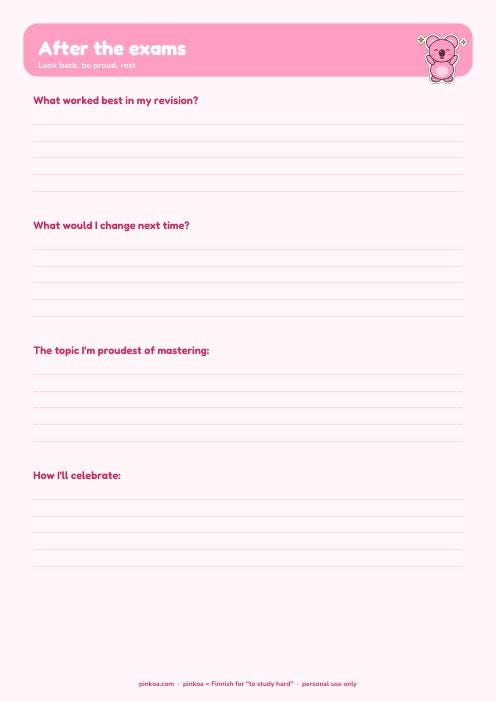 Koa exam countdown planner page