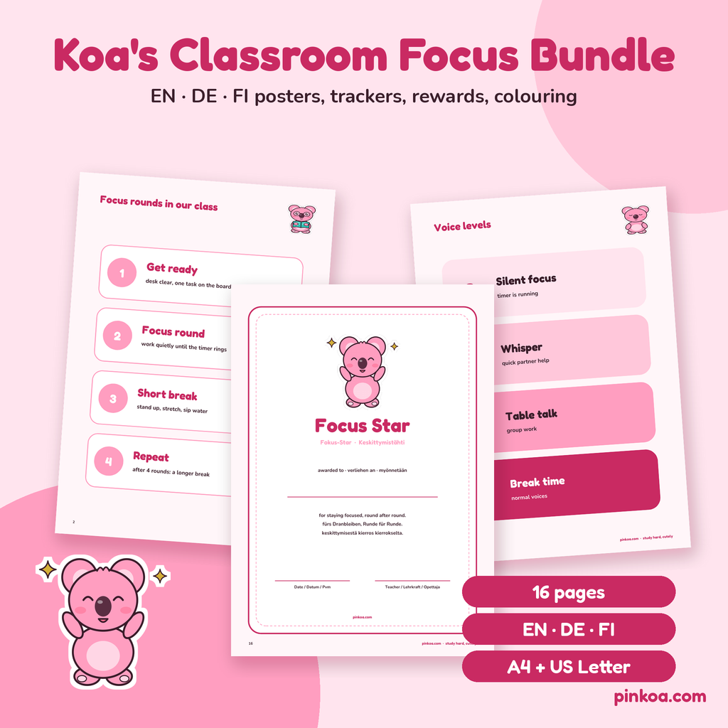 Koa's Classroom Focus Bundle cover: posters, voice levels and Focus Star certificate in EN, DE and FI