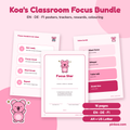 Koa's Classroom Focus Bundle cover: posters, voice levels and Focus Star certificate in EN, DE and FI