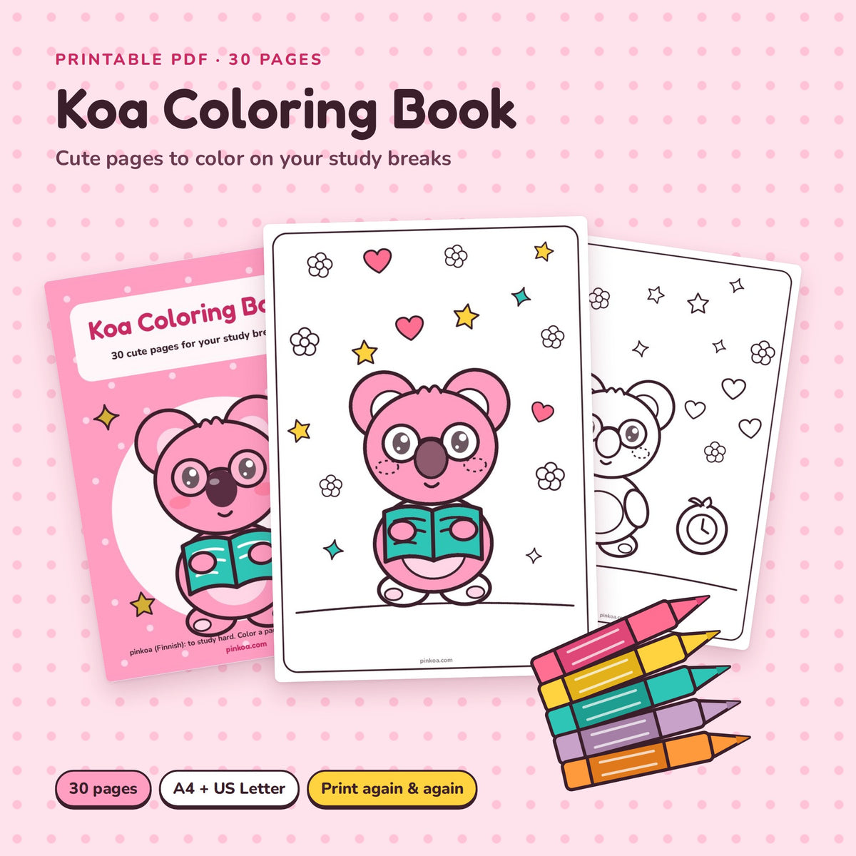 Koa Coloring Book: printable pages with a colored-in Koa page and crayons