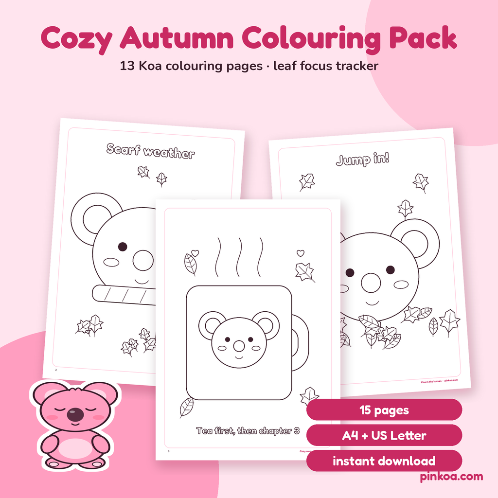 Koa's Cozy Autumn Colouring Pack cover: 15 printable pages