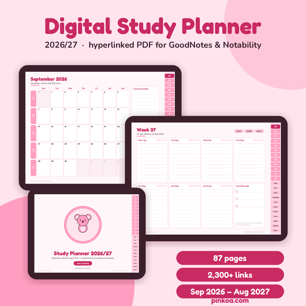 Koa Digital Study Planner 2026/27, hyperlinked PDF for GoodNotes and Notability