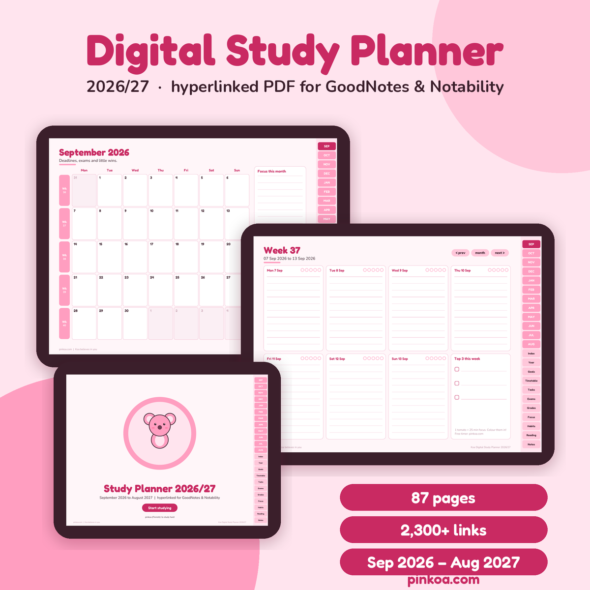 Koa Digital Study Planner 2026/27, hyperlinked PDF for GoodNotes and Notability
