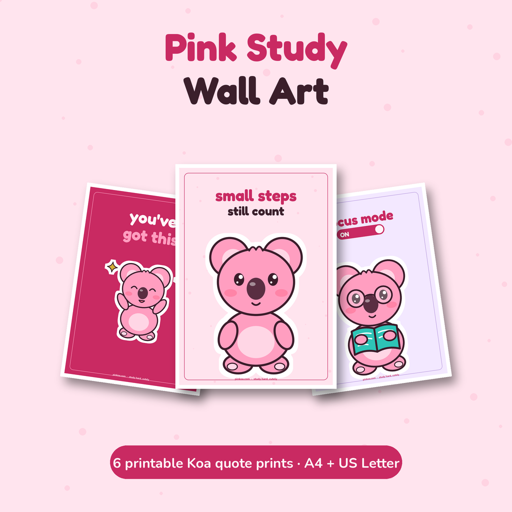 Pink Study Wall Art Set: 6 Koa quote prints, cover