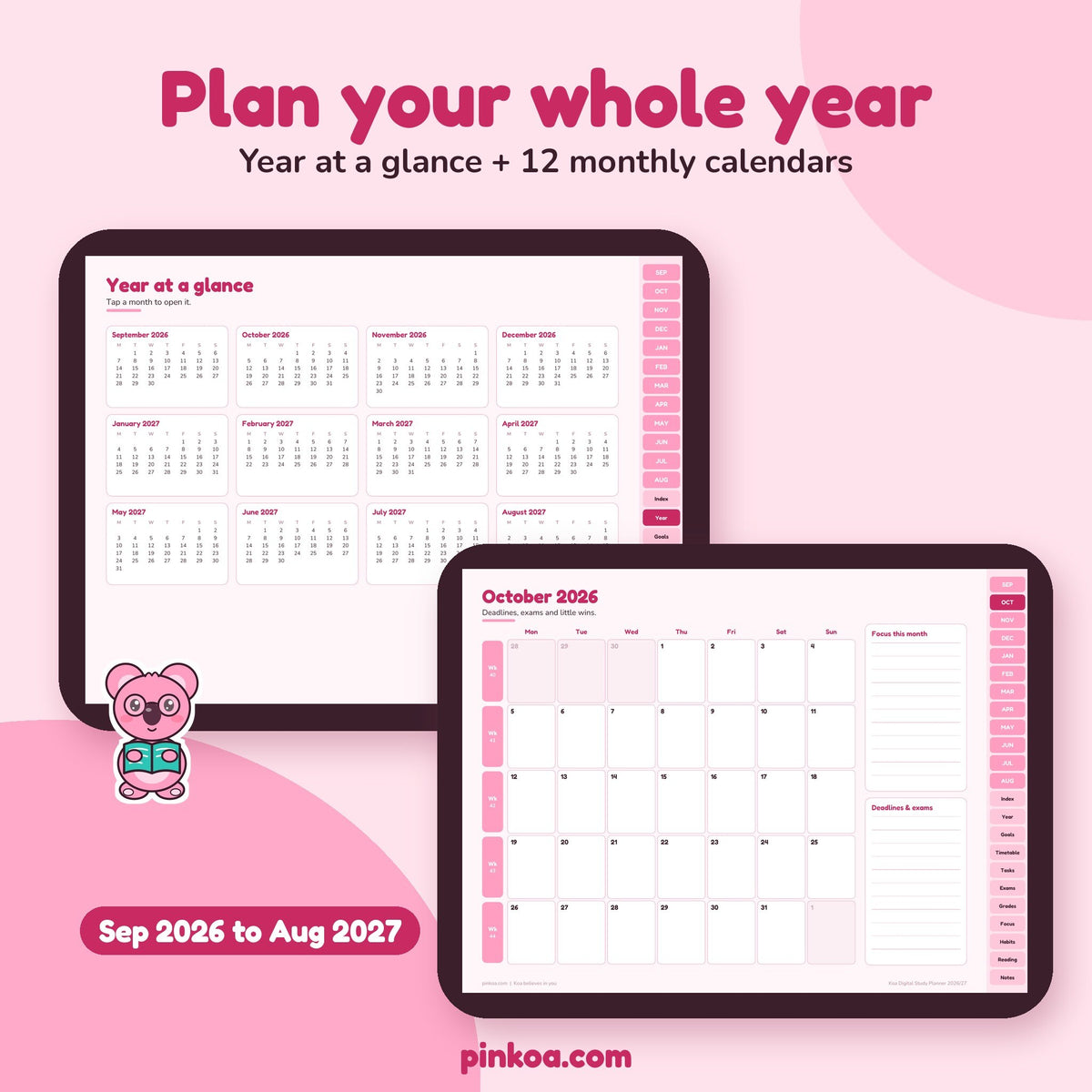 Koa Digital Study Planner: year at a glance and monthly calendar on iPad