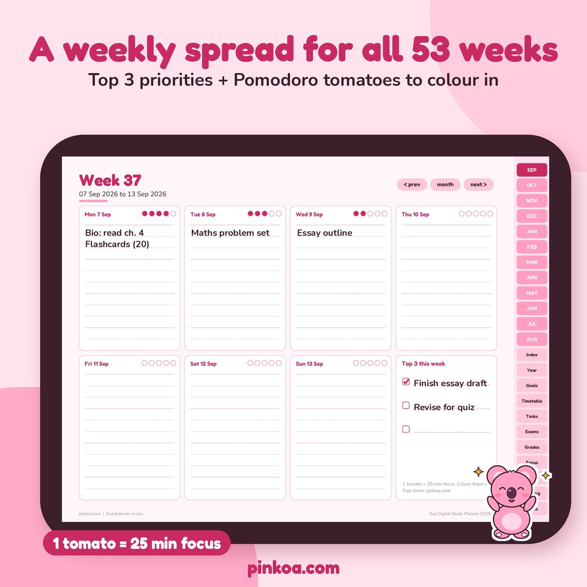 Weekly spread with Top 3 priorities and Pomodoro tomatoes