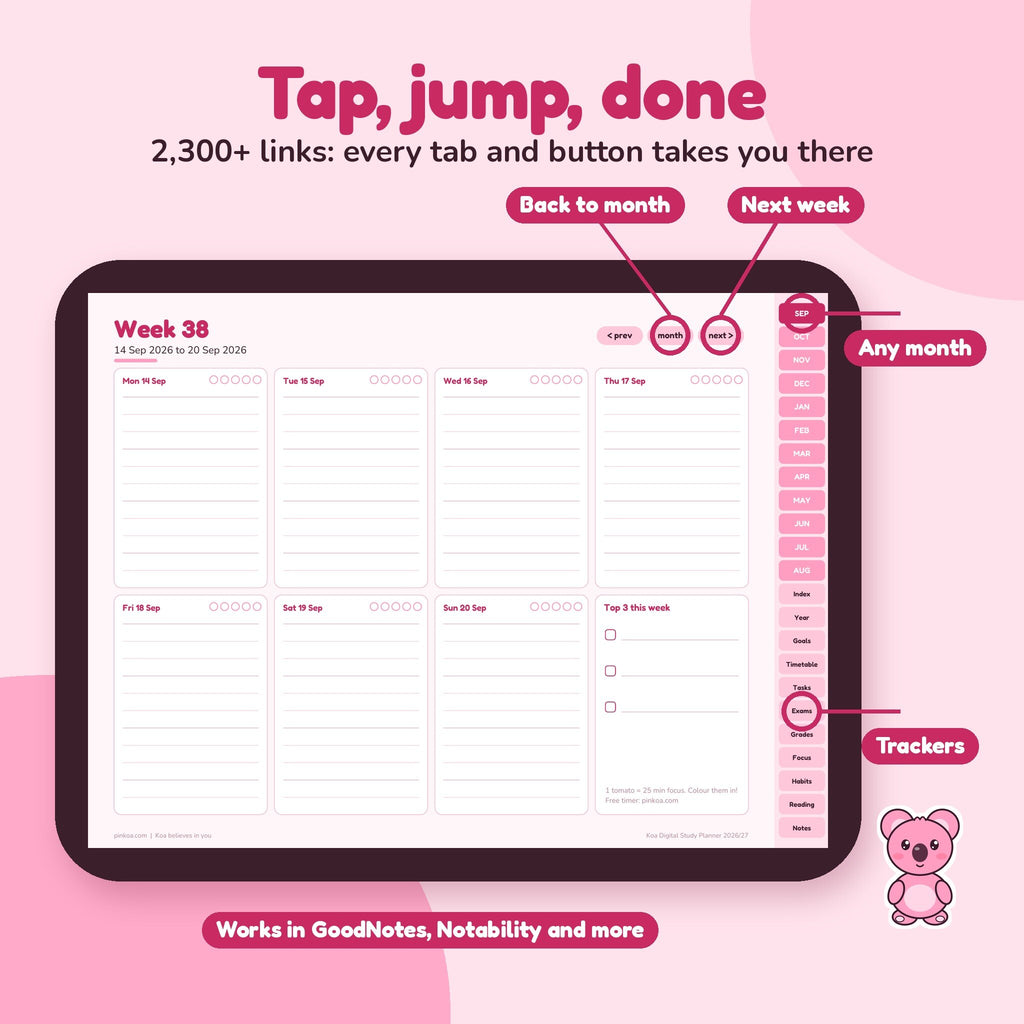 Hyperlinked tabs: jump to any month, week or tracker