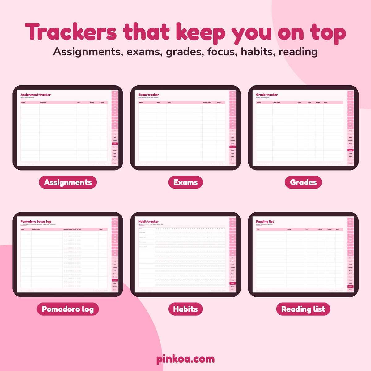 Trackers: assignments, exams, grades, Pomodoro log, habits, reading list