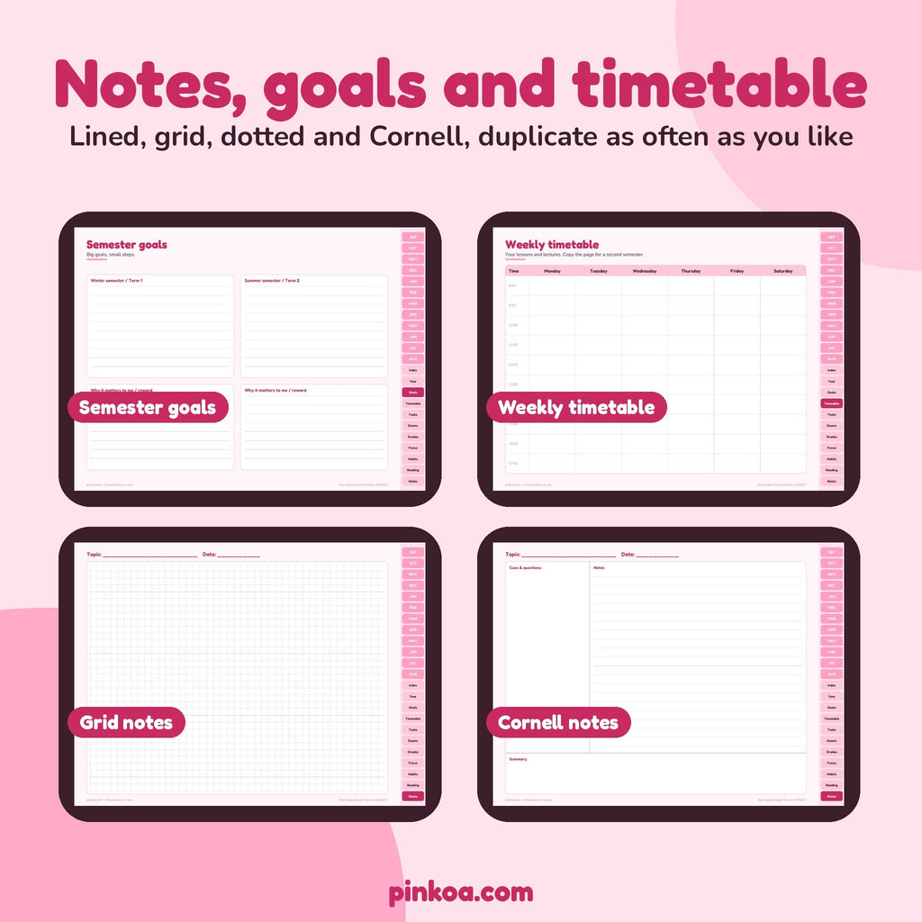 Semester goals, weekly timetable, grid and Cornell notes