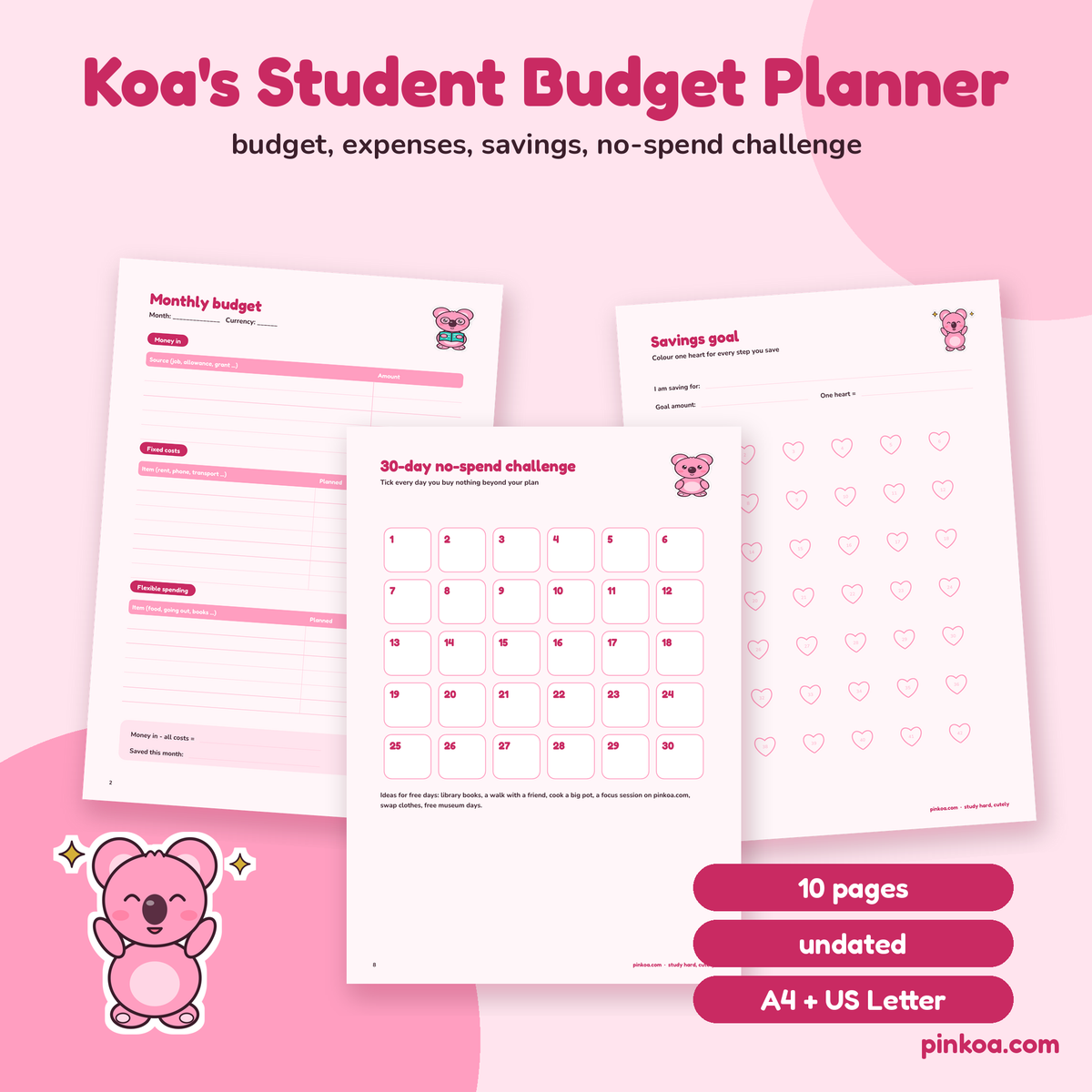 Koa's Student Budget Planner cover: 10 printable pages, A4 + US Letter