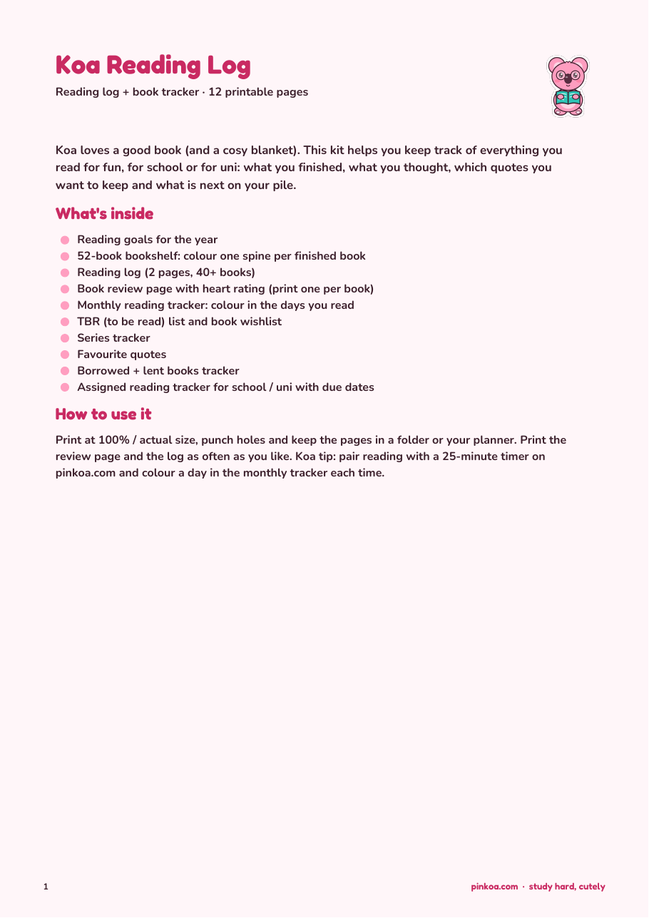 Koa Reading Log + Book Tracker (Printable PDF)