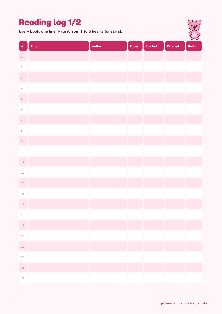 Koa Reading Log + Book Tracker (Printable PDF)