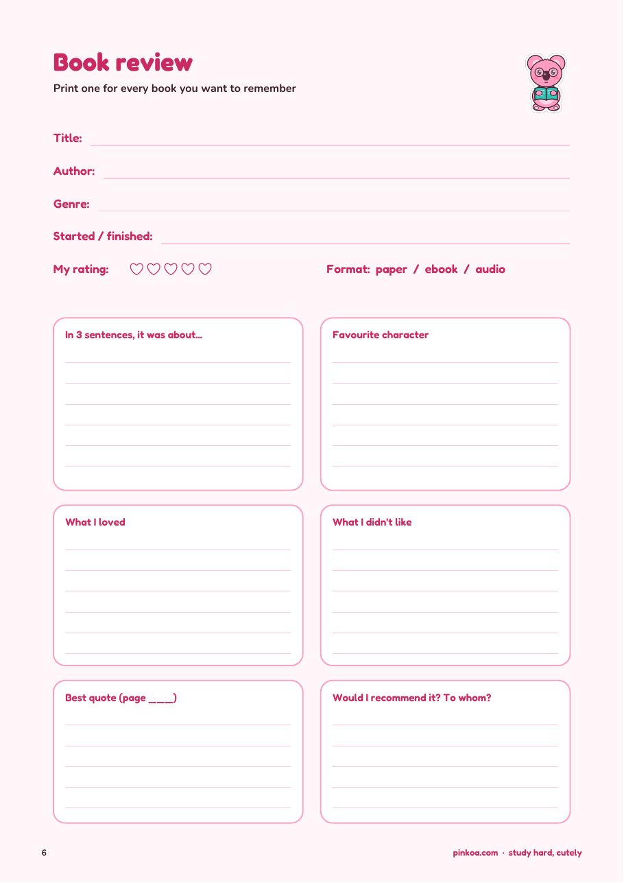 Koa Reading Log + Book Tracker (Printable PDF)