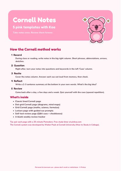 Koa Cornell Notes Templates – 5 Pink Styles (Printable PDF)