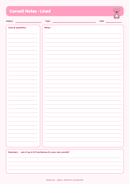 Koa Cornell Notes Templates – 5 Pink Styles (Printable PDF)