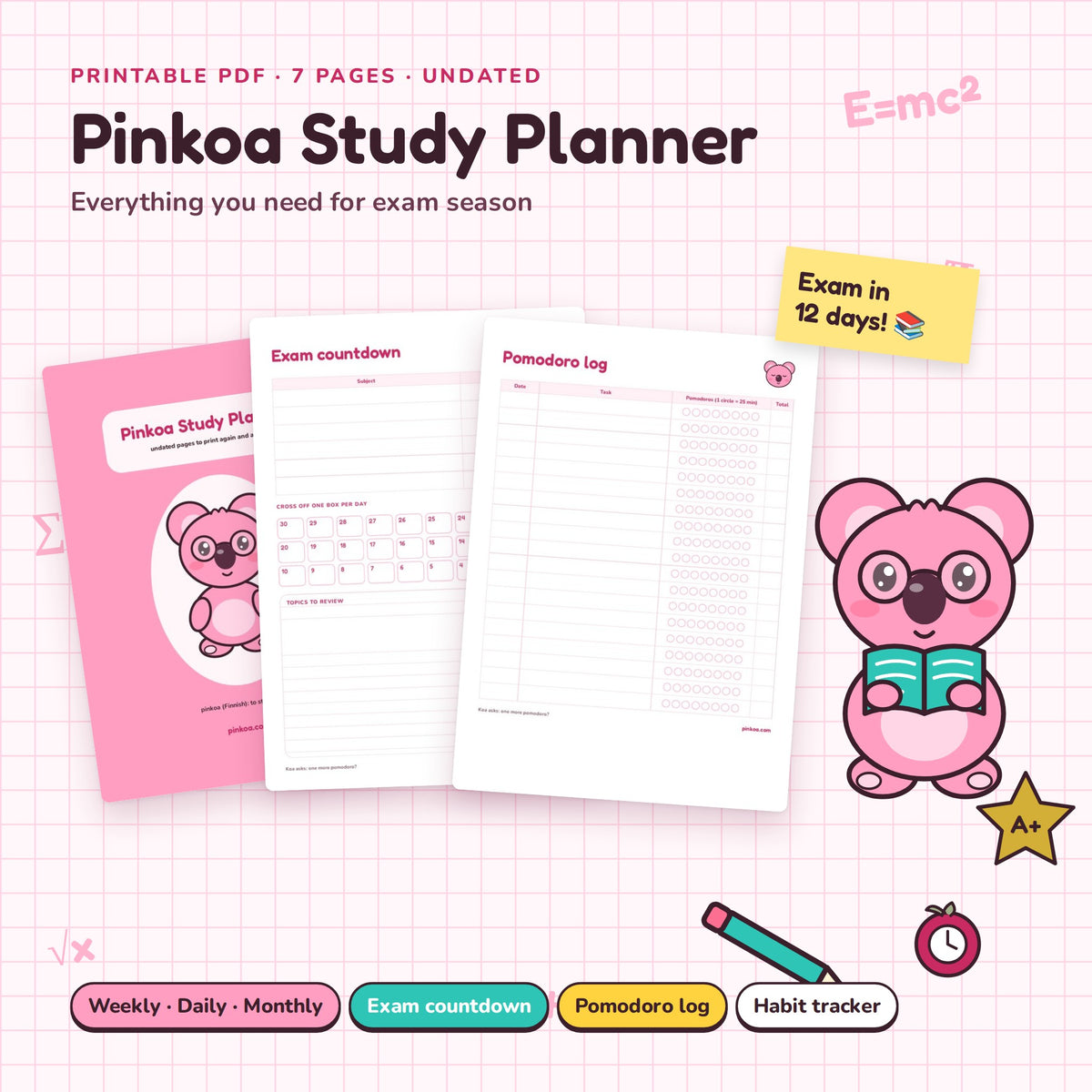 Pinkoa Study Planner: printable exam countdown and pomodoro log pages with Koa