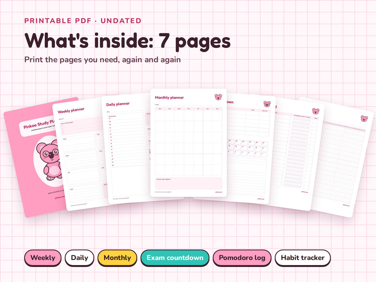 What's inside the Pinkoa Study Planner: 7 printable pages