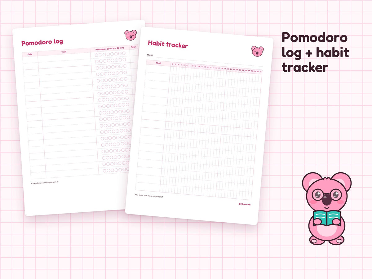 Pomodoro log and habit tracker pages