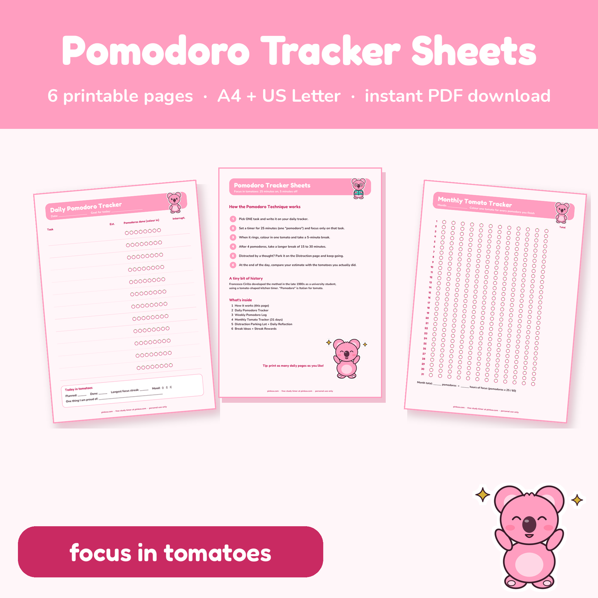 Koa Pomodoro Tracker Sheets (Printable PDF)