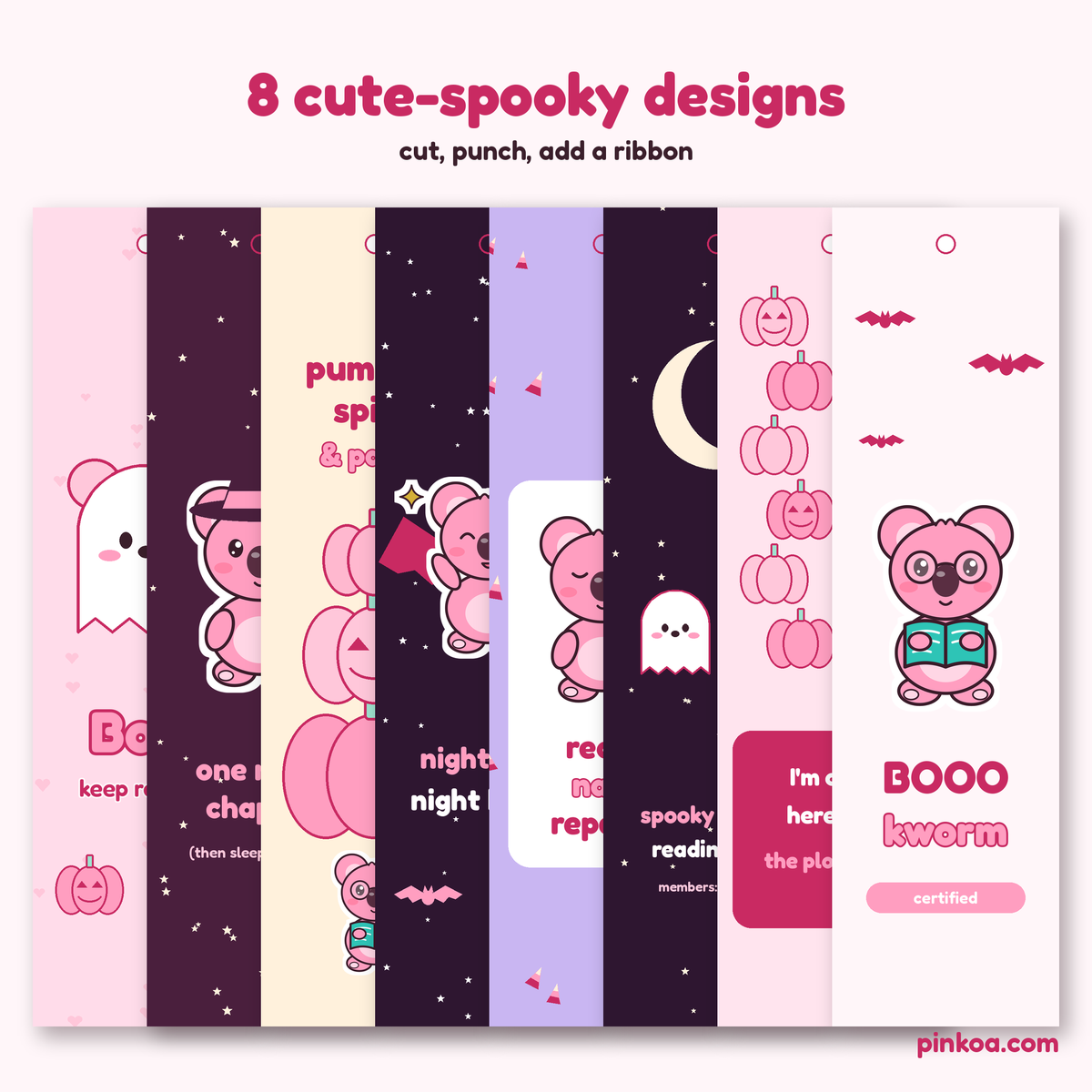 All 8 spooky Koa bookmark designs