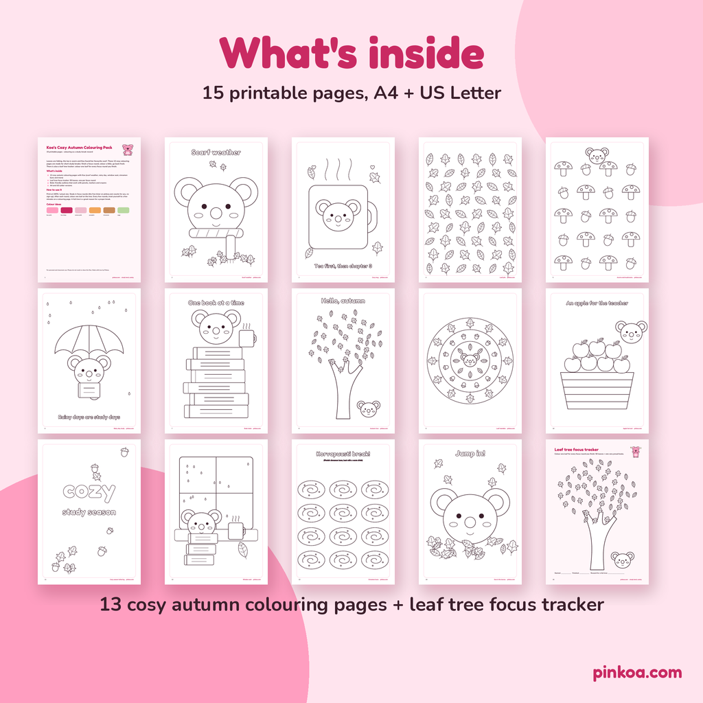 What's inside: 13 autumn colouring pages and a leaf focus tracker