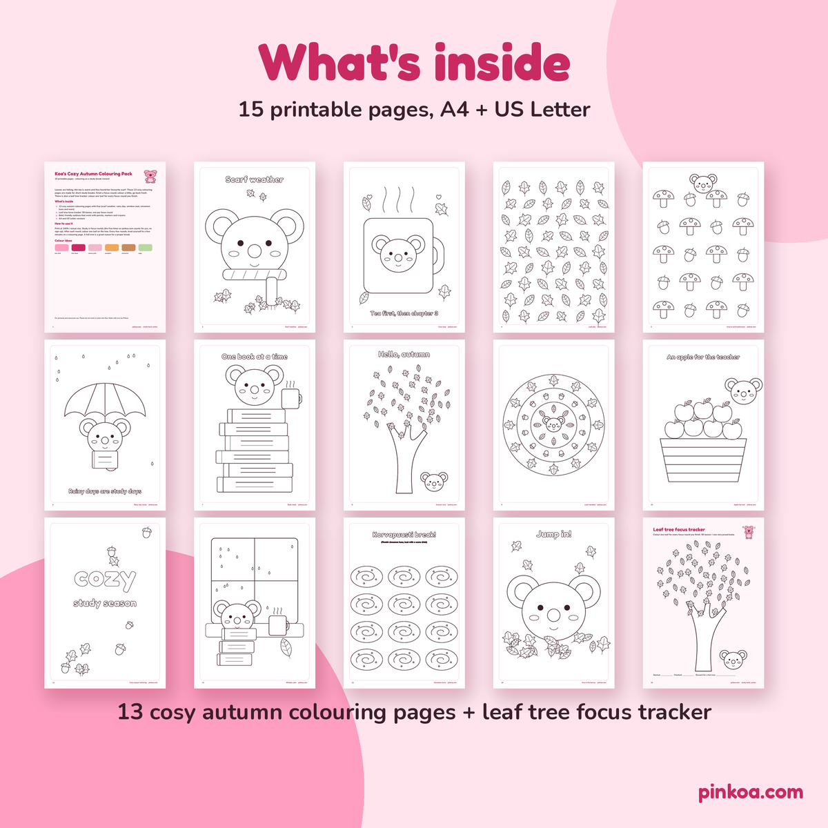 What's inside: 13 autumn colouring pages and a leaf focus tracker
