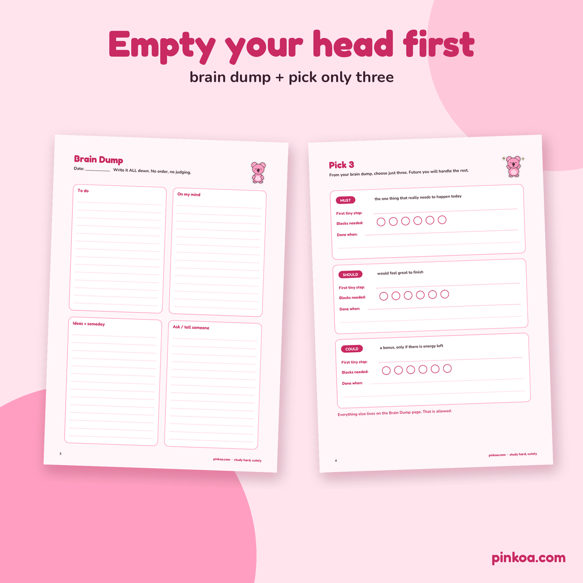 Brain dump and pick 3 page