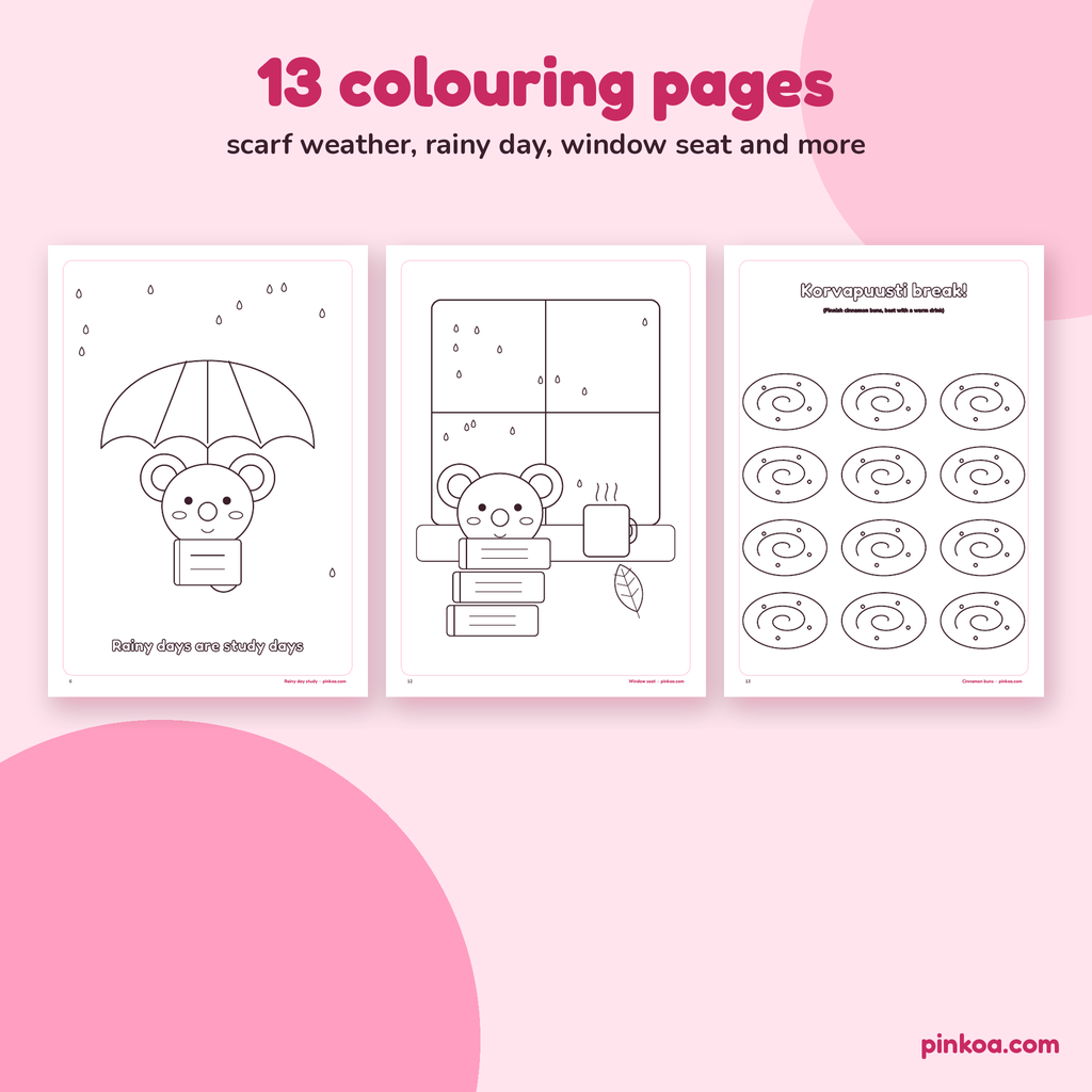 Colouring pages: rainy day study, window seat, cinnamon buns