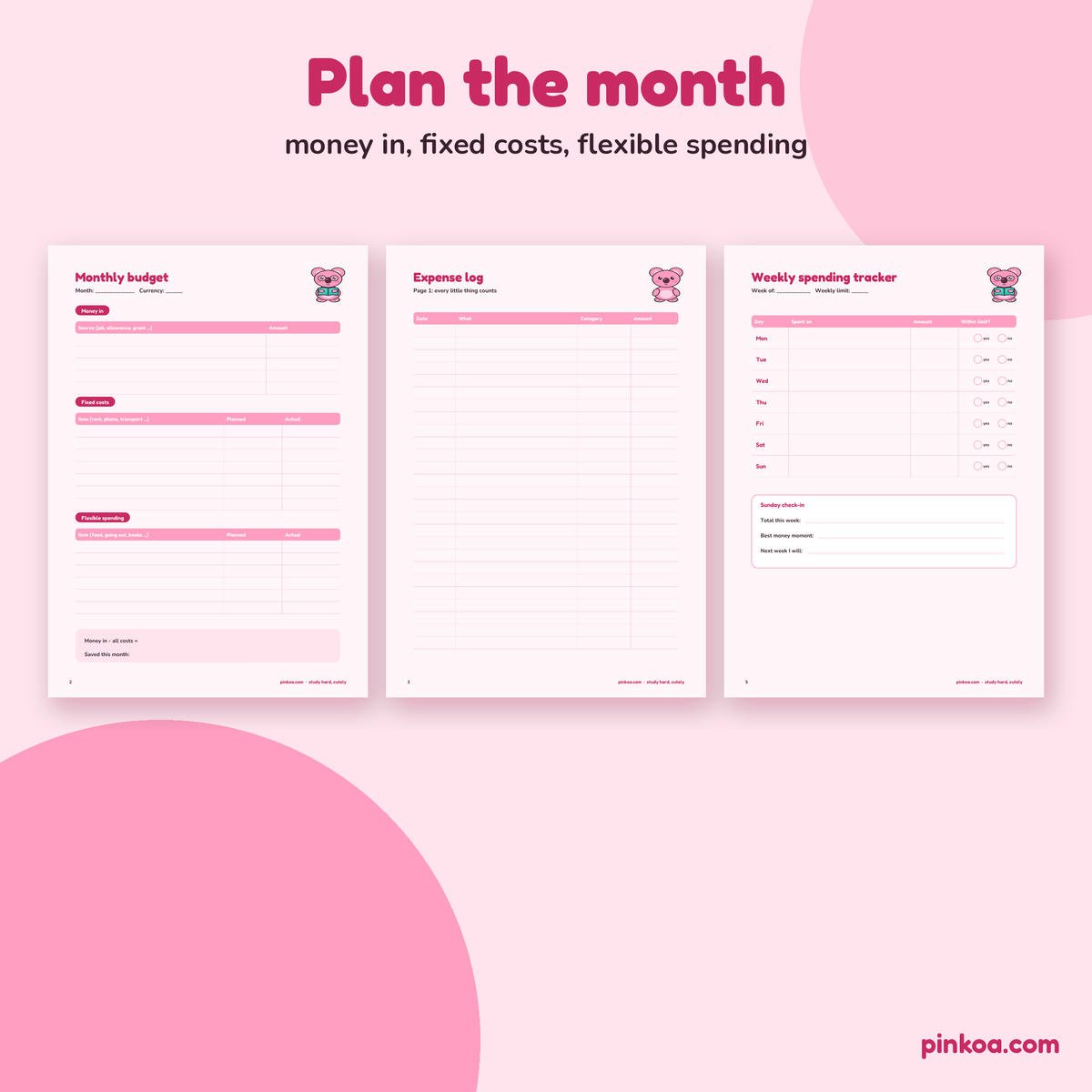 Monthly budget, expense log and weekly spending tracker pages