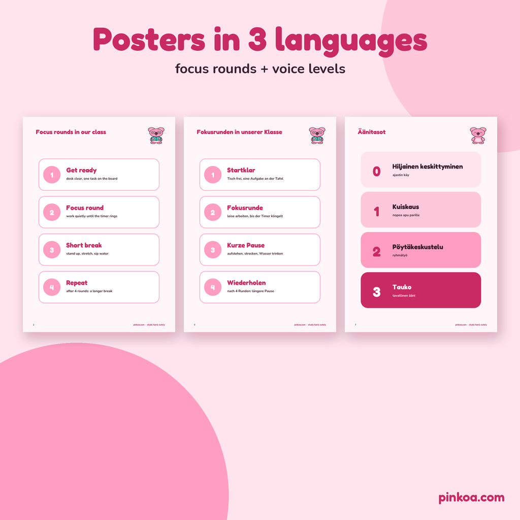 Focus-round and voice-level posters in English, German and Finnish