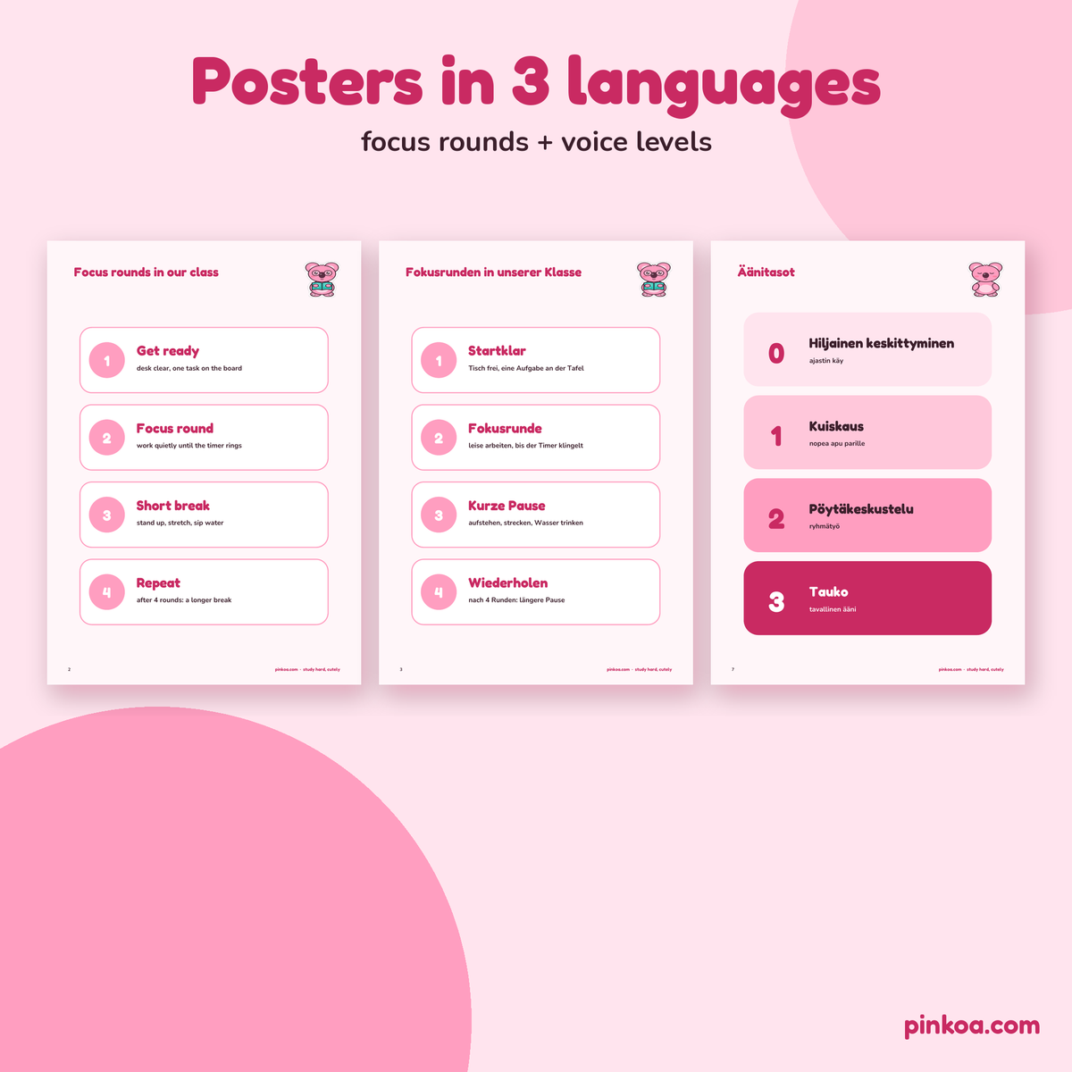 Focus-round and voice-level posters in English, German and Finnish